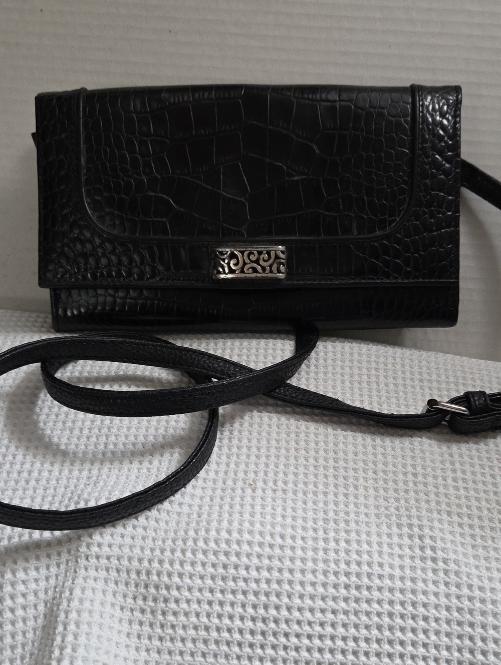 Black Croc-Embossed Leather Crossbody Bag